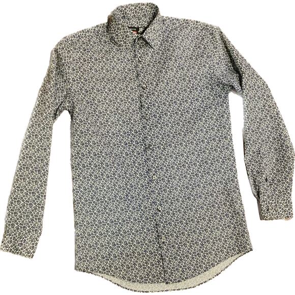 J Ferrar Shirt Stretch Mens S 14-14.5 Floral Cotton Poly Long Sleeve Barrel Cuff - Picture 1 of 10